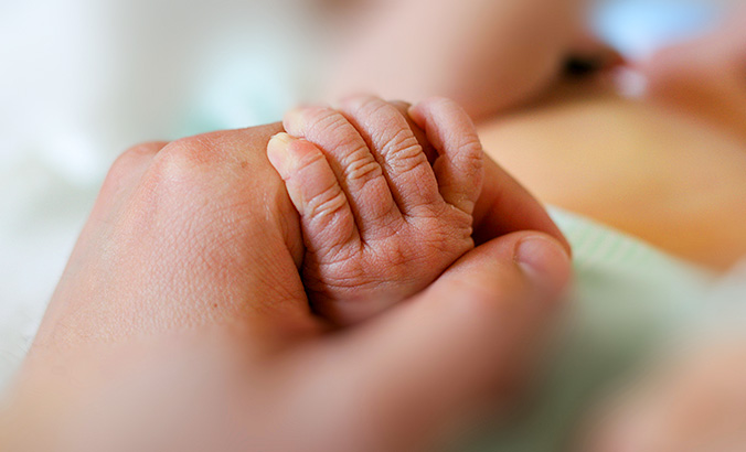 Eine Hand hält die Hand eines Neugeborenen