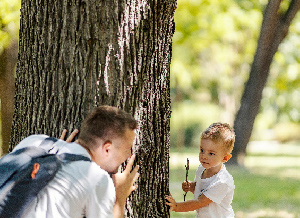 Ein Vater spielt mit seinem Sohn Verstecken, der Vater schaut dabei hinter einem Baum hervor.